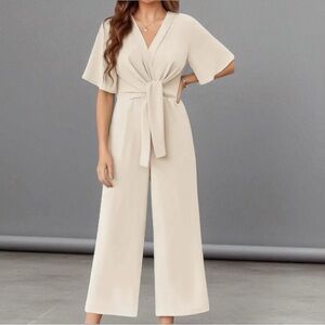 Elegant Cream Tie-Waist Jumpsuit